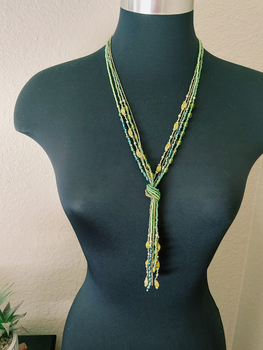Layered Glass Beaded Y-Necklace in Green & Gold